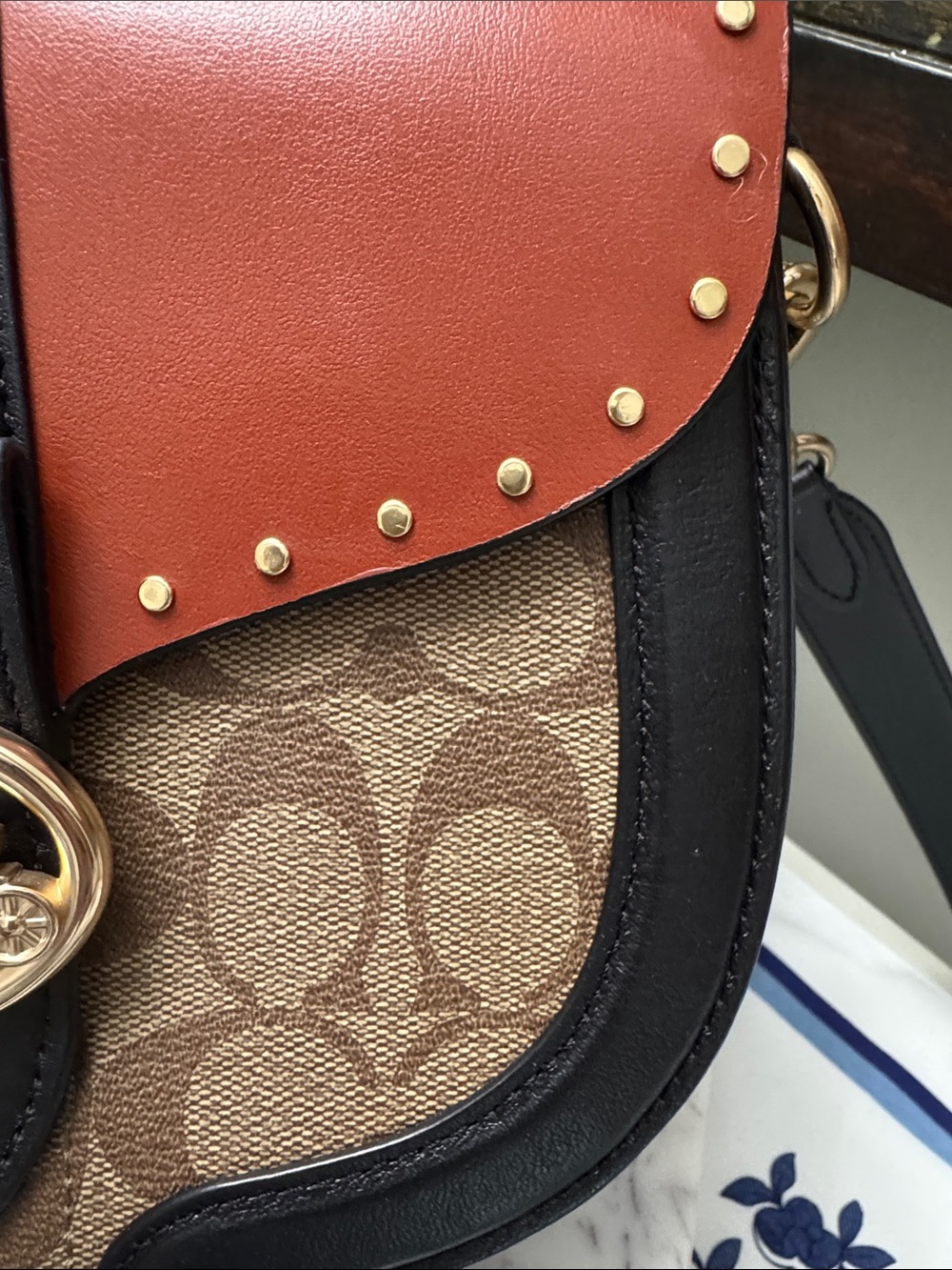 Coach Georgie Saddle Bag Colorblock Rust Flap & Black Trim - Picture 3 of 14